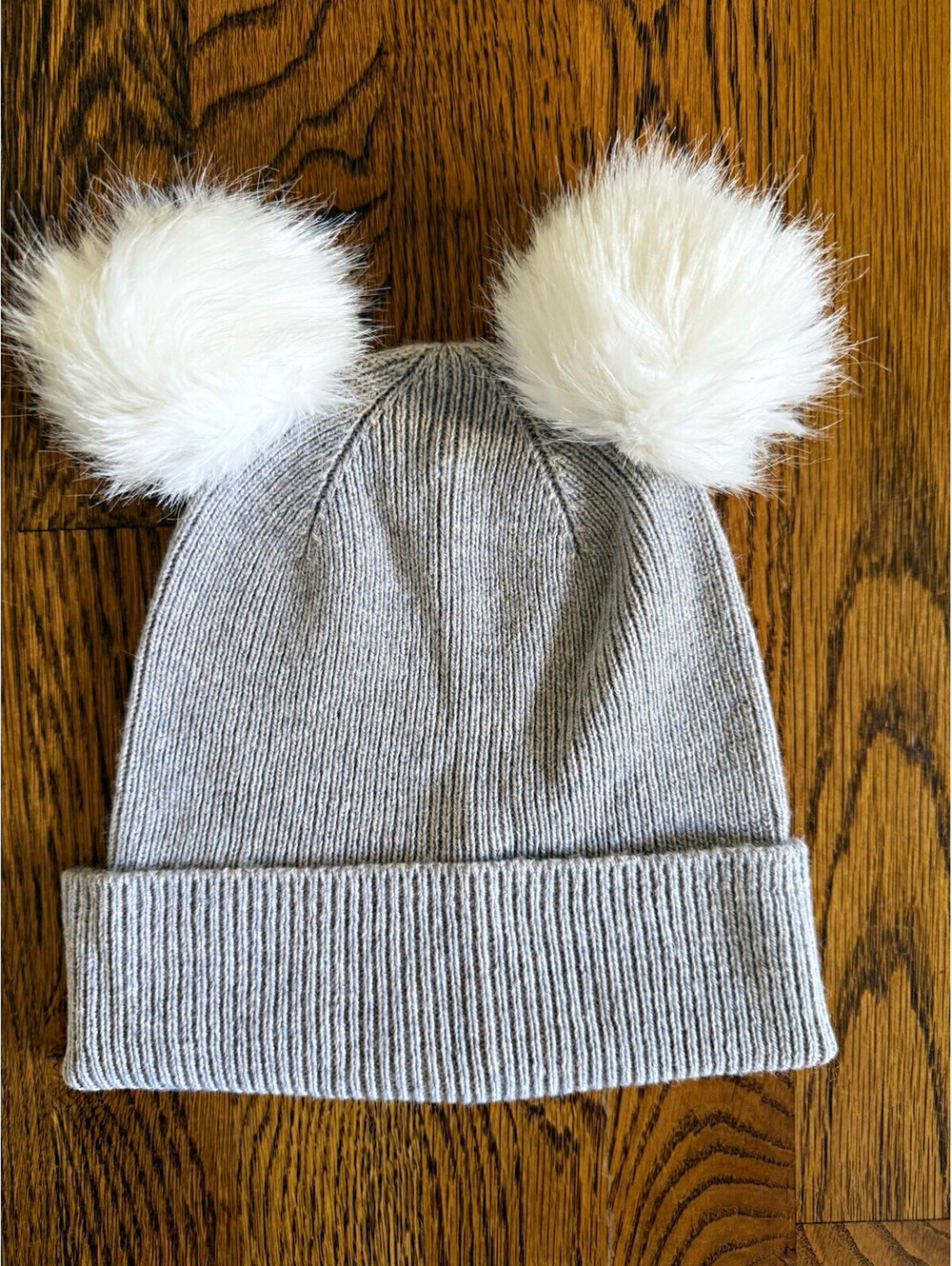 Crewcuts Girls Gray Knit Beanie Hat w/ White Pom-Pom Accents L/XL